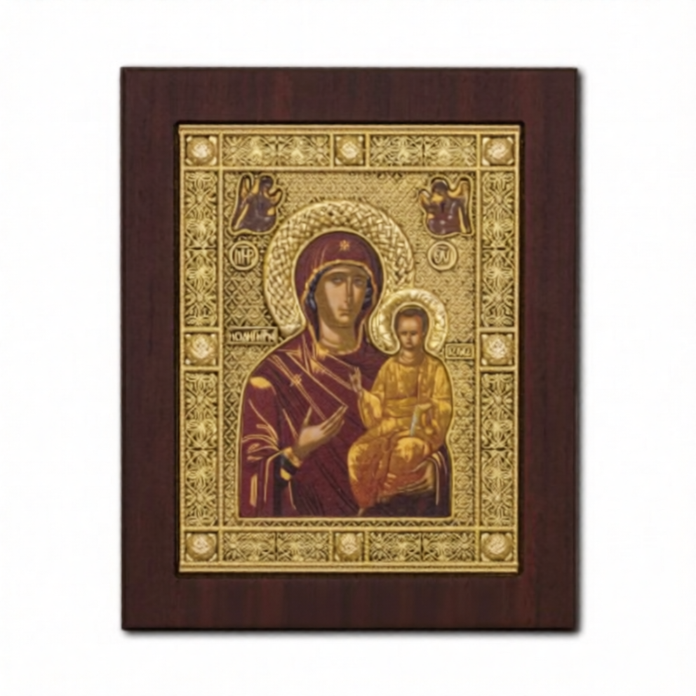 Icoană argintată aurită Maica Domnului Odighitria 13x16 cm, ramă lemn mahon