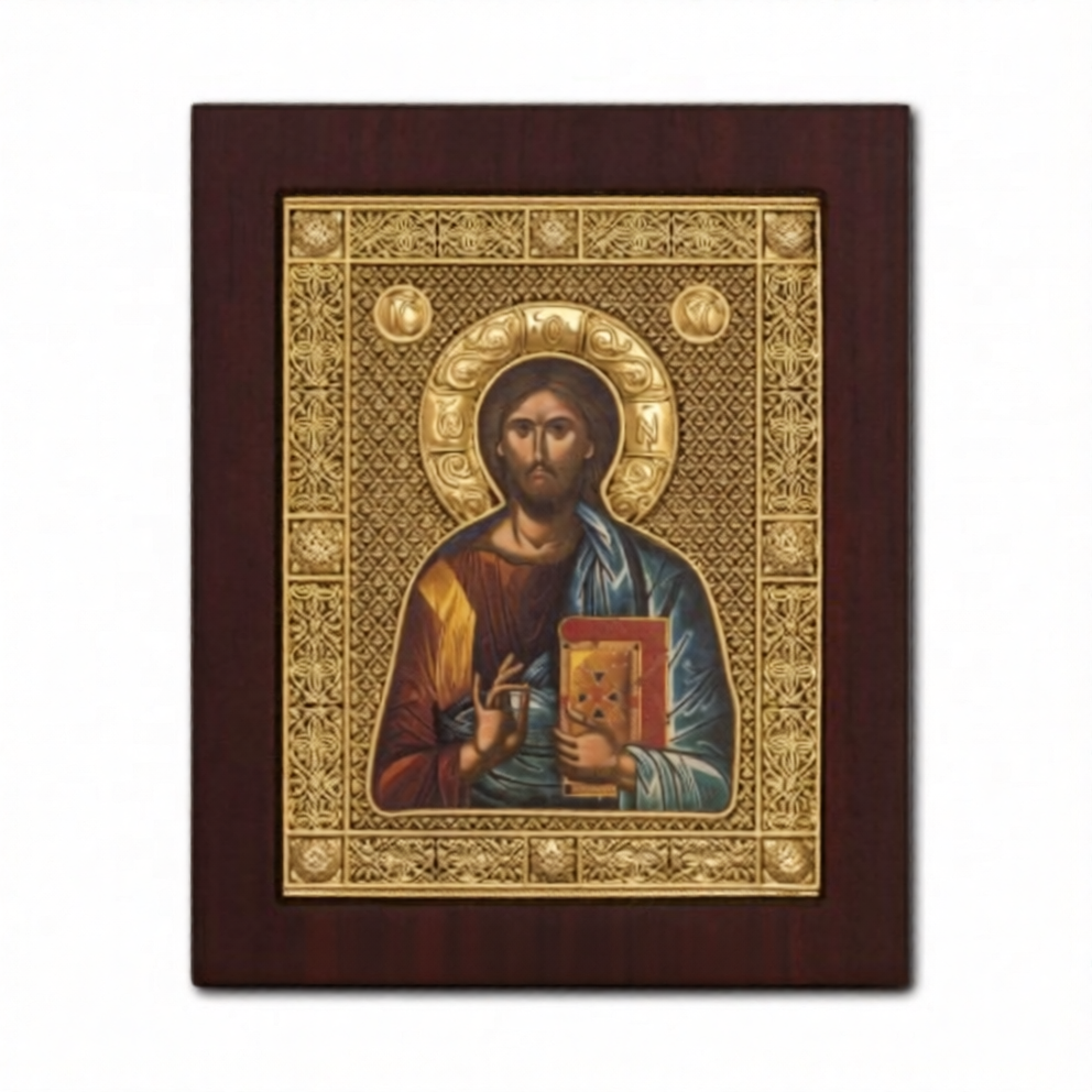 Icoană argintată aurită Mântuitorul Pantocrator 13x16 cm, ramă lemn mahon