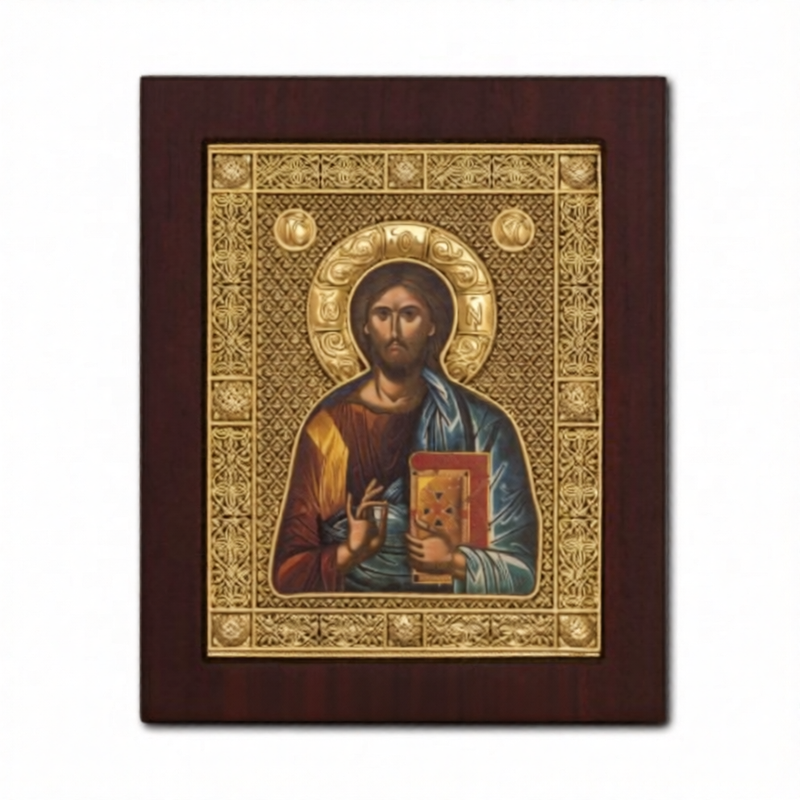 Icoană argintată aurită Mântuitorul Pantocrator 13x16 cm, ramă lemn mahon
