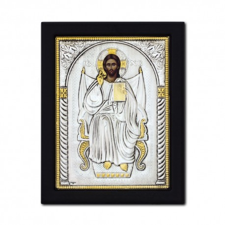 Icoană argintată Mântuitorul pe tron, Împărat, 19x26 cm, ramă lemn negru